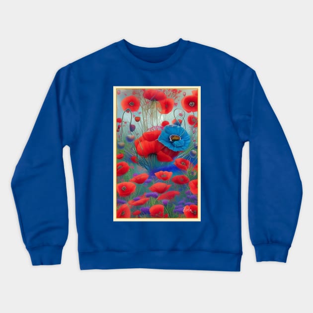 Pretty field of poppies colorful red and blue poppy flowers Crewneck Sweatshirt by ZiolaRosa